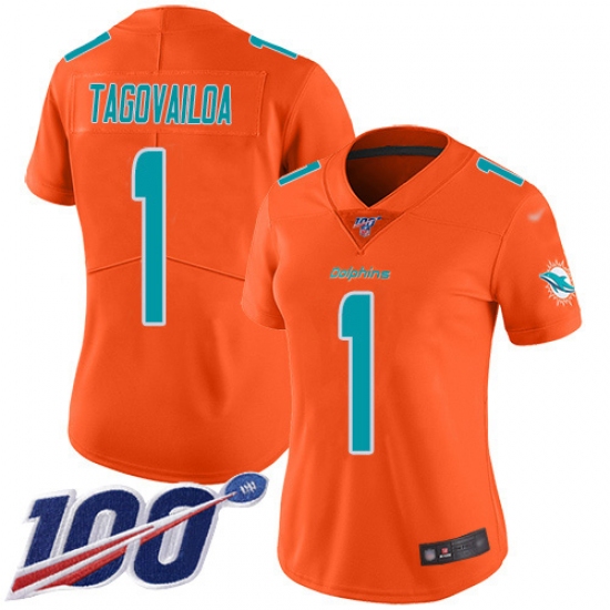 Women's Miami Dolphins 1 Tua Tagovailoa Orange Stitched Limited Inverted Legend 100th Season Jersey