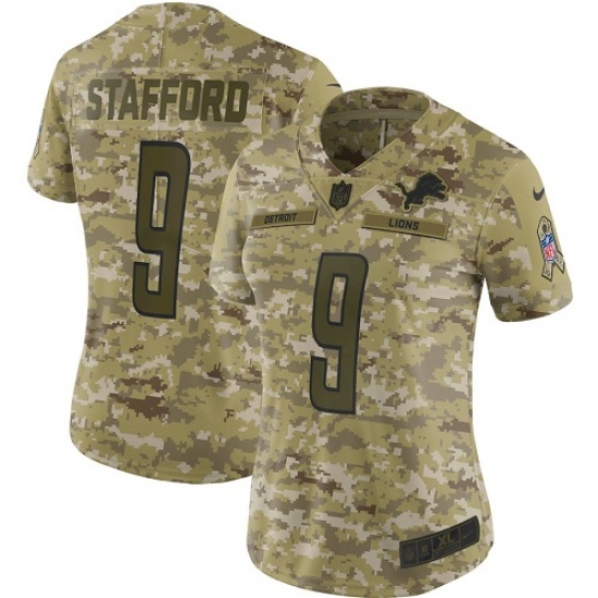 Women's Nike Detroit Lions 9 Matthew Stafford Limited Camo 2018 Salute to Service NFL Jersey
