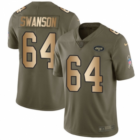Men's Nike New York Jets 64 Travis Swanson Limited Olive/Gold 2017 Salute to Service NFL Jersey