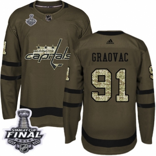 Youth Adidas Washington Capitals 91 Tyler Graovac Authentic Green Salute to Service 2018 Stanley Cup Final NHL Jersey