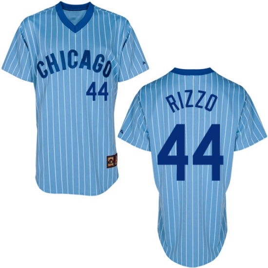 Men's Majestic Chicago Cubs 44 Anthony Rizzo Authentic Blue/White Strip Cooperstown Throwback MLB Jersey