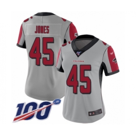 Women's Atlanta Falcons 45 Deion Jones Limited Silver Inverted Legend 100th Season Football Jersey