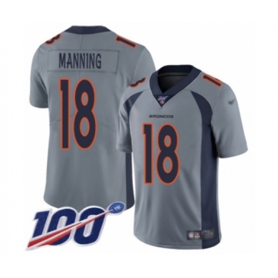 Men's Denver Broncos 18 Peyton Manning Limited Silver Inverted Legend 100th Season Football Jersey
