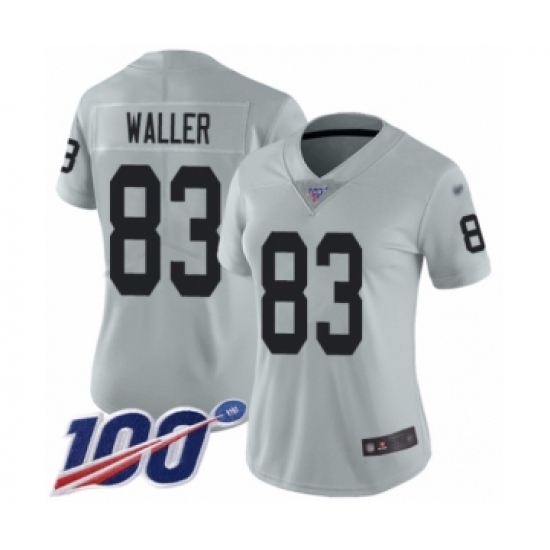 Women's Oakland Raiders 83 Darren Waller Limited Silver Inverted Legend 100th Season Football Jersey