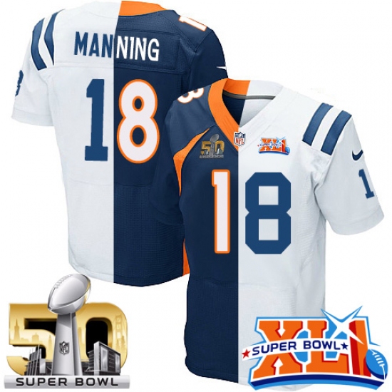 Men's Nike Denver Broncos 18 Peyton Manning Elite Navy Blue/White Split Fashion Super Bowl L & Super Bowl XLI NFL Jersey