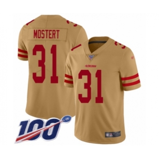 Men's San Francisco 49ers 31 Raheem Mostert Limited Gold Inverted Legend 100th Season Football Jersey