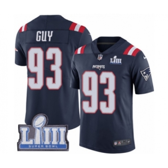 Men's Nike New England Patriots 93 Lawrence Guy Limited Navy Blue Rush Vapor Untouchable Super Bowl LIII Bound NFL Jersey