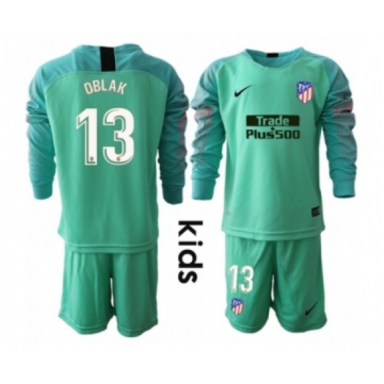 Atletico Madrid 13 Oblak Green Goalkeeper Long Sleeves Kid Soccer Club Jersey