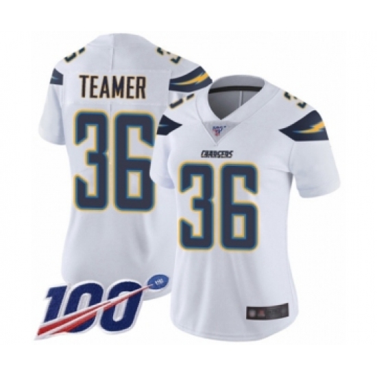 Women's Los Angeles Chargers 36 Roderic Teamer White Vapor Untouchable Limited Player 100th Season Football Jersey
