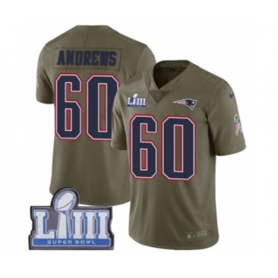 Men's Nike New England Patriots 60 David Andrews Limited Olive 2017 Salute to Service Super Bowl LIII Bound NFL Jersey