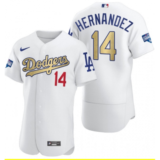 Men's Los Angeles Dodgers 14 Enrique Hernandez Olive Gold 2020 World Series Champions Authentic Jersey