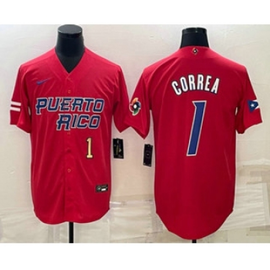 Men's Puerto Rico Baseball 1 Carlos Correa Number 2023 Red World Baseball Classic Stitched Jerseys