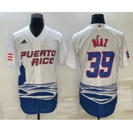 Men's Puerto Rico Baseball 39 Edwin Diaz 2023 White World Baseball Classic Stitched Jersey