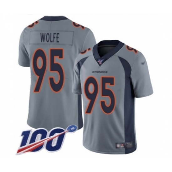 Men's Denver Broncos 95 Derek Wolfe Limited Silver Inverted Legend 100th Season Football Jersey