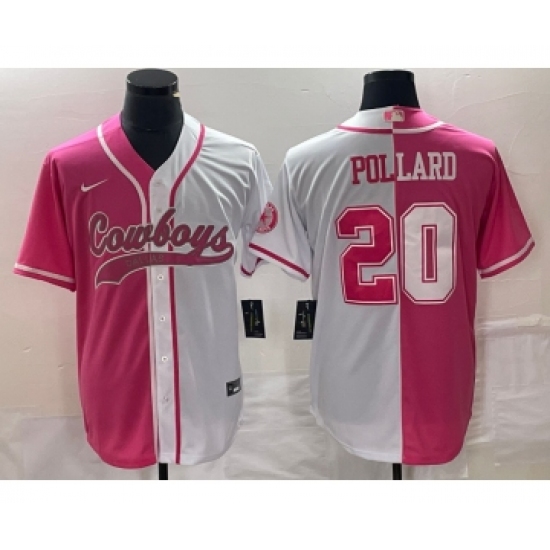 Men's Nike Dallas Cowboys 20 Tony Pollard Pink White Split Cool Base Stitched Baseball Jersey