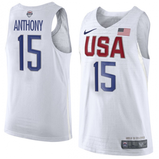 Men's Nike Team USA 15 Carmelo Anthony Authentic White 2016 Olympic Basketball Jersey