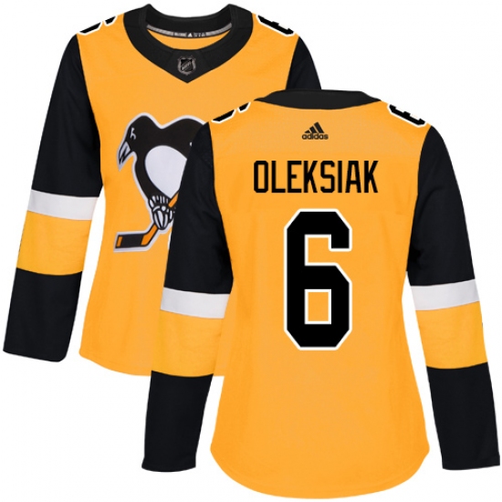 Women's Adidas Pittsburgh Penguins 6 Jamie Oleksiak Authentic Gold Alternate NHL Jersey