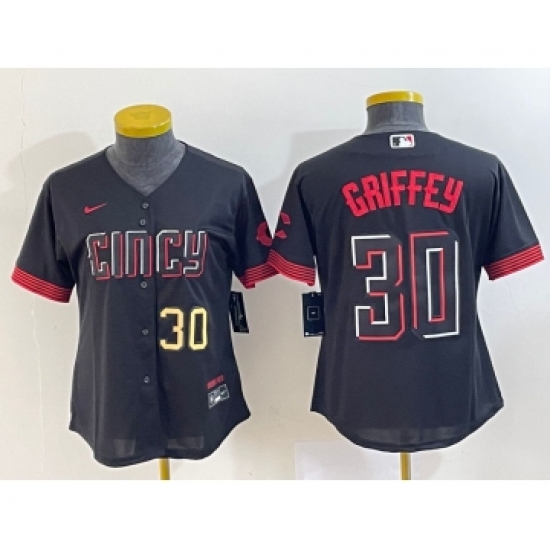 Women's Cincinnati Reds 30 Ken Griffey Jr Number Black 2023 City Connect Cool Base Stitched Jersey1