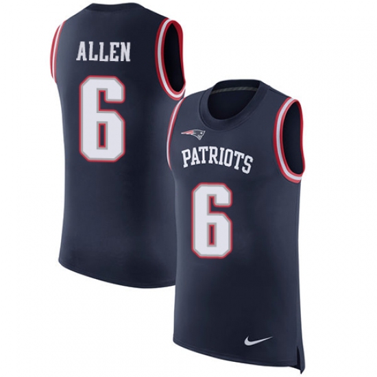 Men's Nike New England Patriots 6 Ryan Allen Limited Navy Blue Rush Player Name & Number Tank Top NFL Jersey