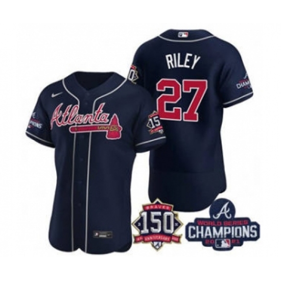 Men's Atlanta Braves 27 Austin Riley 2021 Navy World Series Champions With 150th Anniversary Flex Base Stitched Jersey