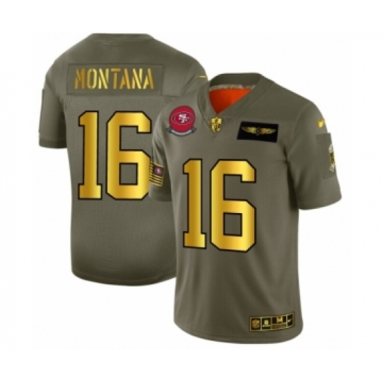 Men's San Francisco 49ers 16 Joe Montana Limited Olive Gold 2019 Salute to Service Football Jersey