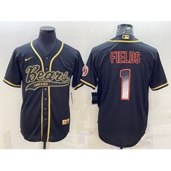 Men's Chicago Bears 1 Justin Fields Black Gold With Patch Smoke Cool Base Stitched Baseball Jersey
