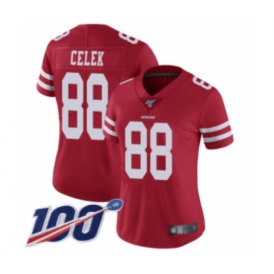 Women's San Francisco 49ers 88 Garrett Celek Red Team Color Vapor Untouchable Limited Player 100th Season Football Jersey