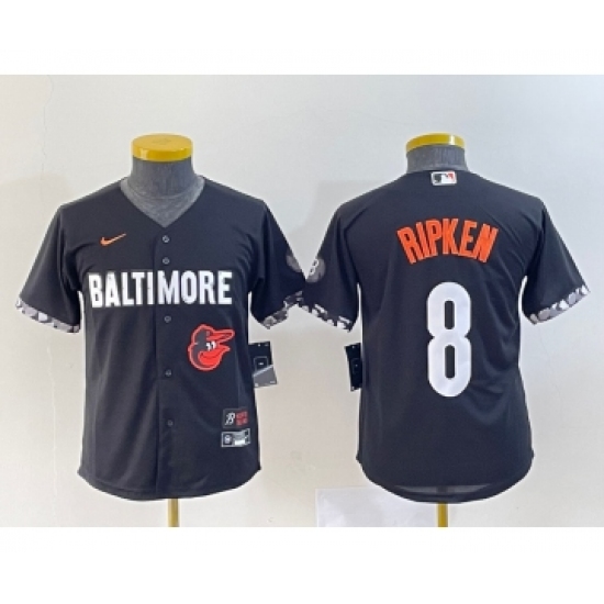 Youth Baltimore Orioles 8 Cal Ripken Jr Black 2023 City Connect Cool Base Stitched Jersey