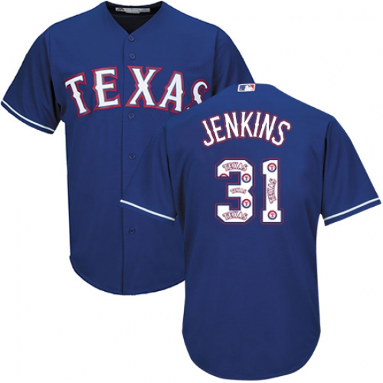 Men's Majestic Texas Rangers 31 Ferguson Jenkins Authentic Royal Blue Team Logo Fashion Cool Base MLB Jersey