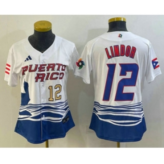 Women's Puerto Rico Baseball 12 Francisco Lindor Number 2023 White World Classic Stitched Jersey