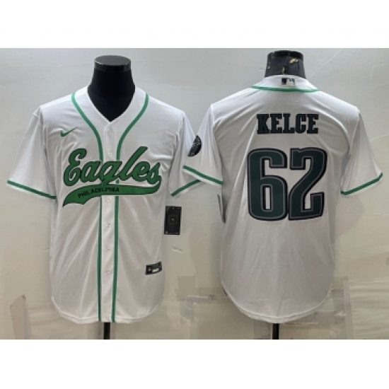 Men's Philadelphia Eagles 62 Jason Kelce White With Patch Cool Base Stitched Baseball Jersey