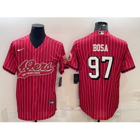Men's San Francisco 49ers 97 Nick Bosa Red Pinstripe Color Rush With Patch Cool Base Stitched Baseball Jersey