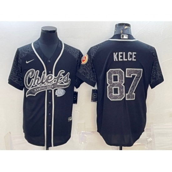 Men's Kansas City Chiefs 87 Travis Kelce Black Reflective With Patch Cool Base Stitched Baseball Jersey