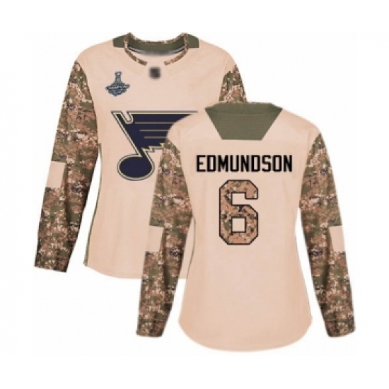 Women's St. Louis Blues 6 Joel Edmundson Authentic Camo Veterans Day Practice 2019 Stanley Cup Champions Hockey Jersey