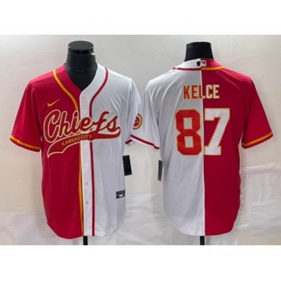 Men's Nike Kansas City Chiefs 87 Travis Kelce Red White Two Tone Cool Base Stitched Baseball Jersey