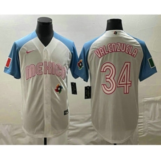 Mens Mexico Baseball 34 Fernando Valenzuela 2023 White Blue World Classic Stitched Jersey