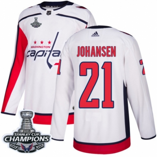 Men's Adidas Washington Capitals 21 Lucas Johansen Authentic White Away 2018 Stanley Cup Final Champions NHL Jersey
