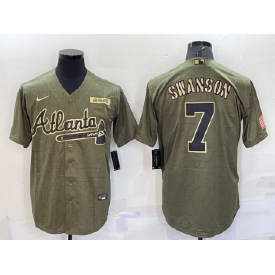 Men's Atlanta Braves 7 Dansby Swanson 2021 Olive Salute To Service Limited Stitched Jersey