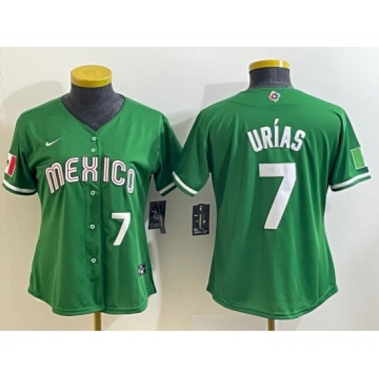 Women's Mexico Baseball 7 Julio Urias Number 2023 Green World Classic Stitched Jersey3