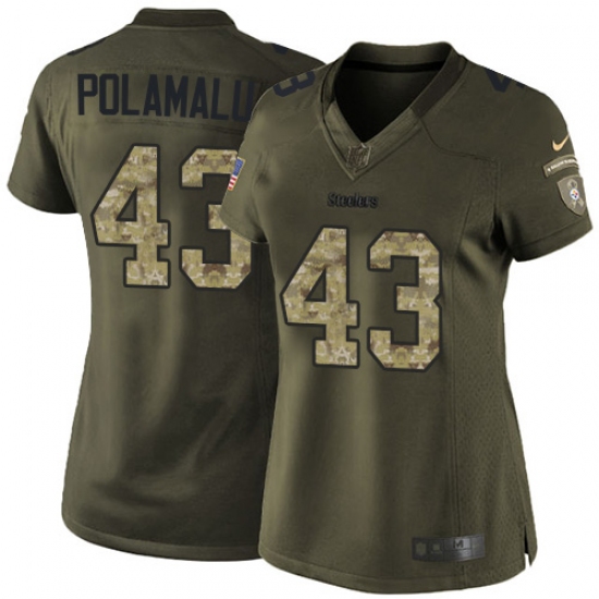 Women's Nike Pittsburgh Steelers 43 Troy Polamalu Elite Green Salute to Service NFL Jersey
