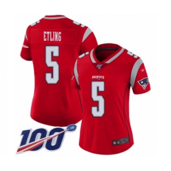 Women's New England Patriots 5 Danny Etling Limited Red Inverted Legend 100th Season Football Jersey