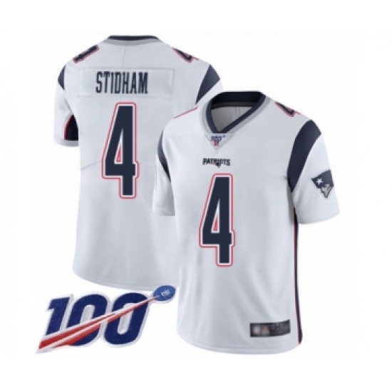 Men's New England Patriots 4 Jarrett Stidham White Vapor Untouchable Limited Player 100th Season Football Jersey