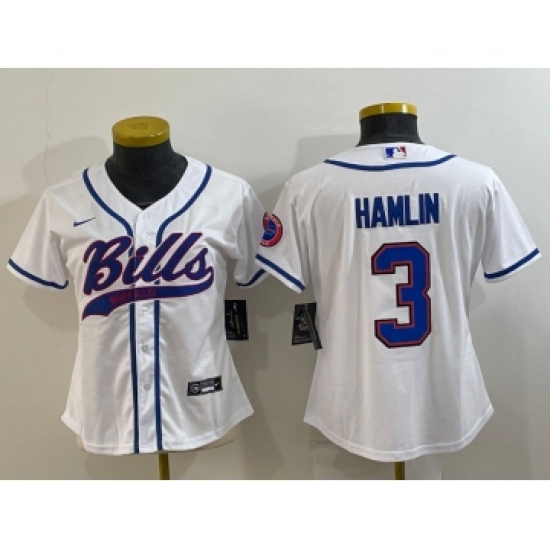 Women's Buffalo Bills 3 Damar Hamlin White With Patch Cool Base Stitched Baseball Jersey