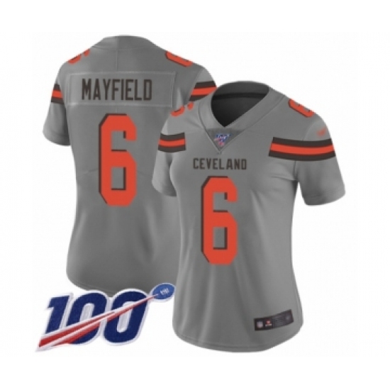 Women's Cleveland Browns 6 Baker Mayfield Limited Gray 100th Season Inverted Legend Football Jersey
