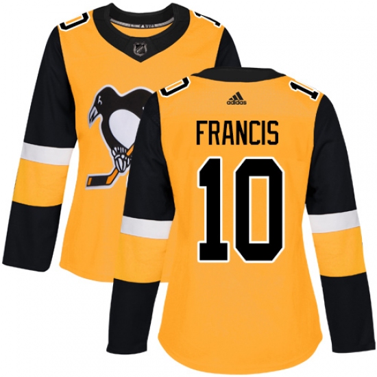 Women's Adidas Pittsburgh Penguins 10 Ron Francis Authentic Gold Alternate NHL Jersey