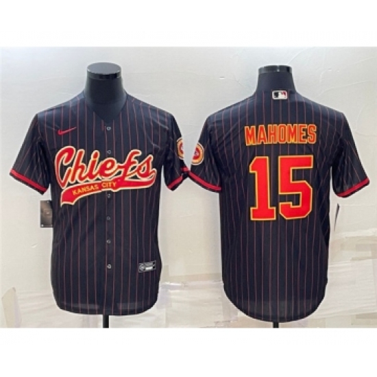 Men's Kansas City Chiefs 15 Patrick Mahomes Black With Patch Cool Base Stitched Baseball Jersey