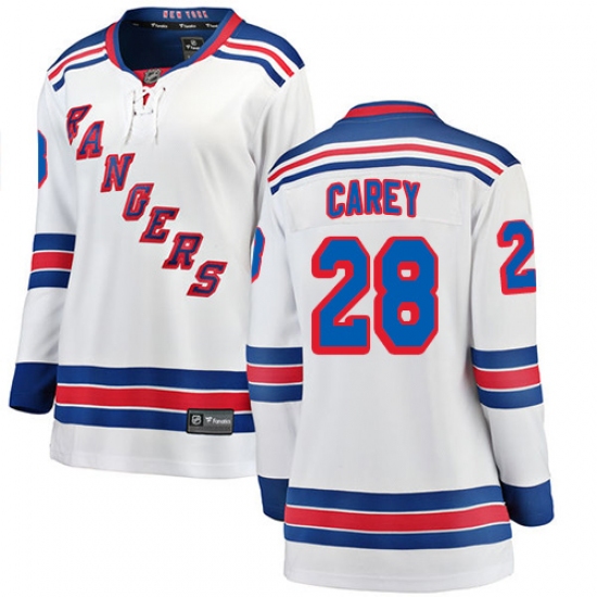 Women's New York Rangers 28 Paul Carey Fanatics Branded White Away Breakaway NHL Jersey