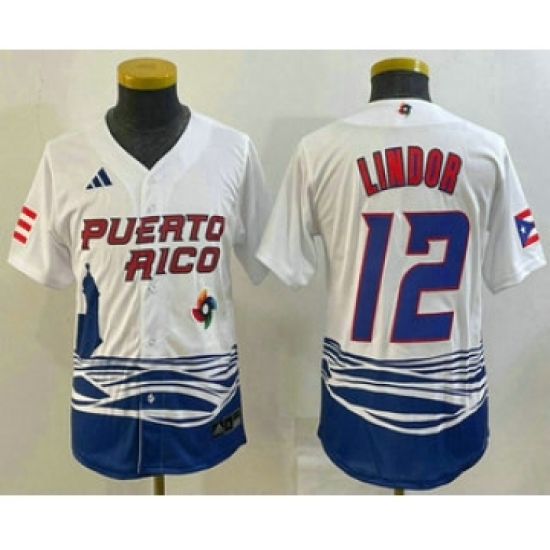 Youth Puerto Rico Baseball 12 Francisco Lindor 2023 White World Baseball Classic Stitched Jersey