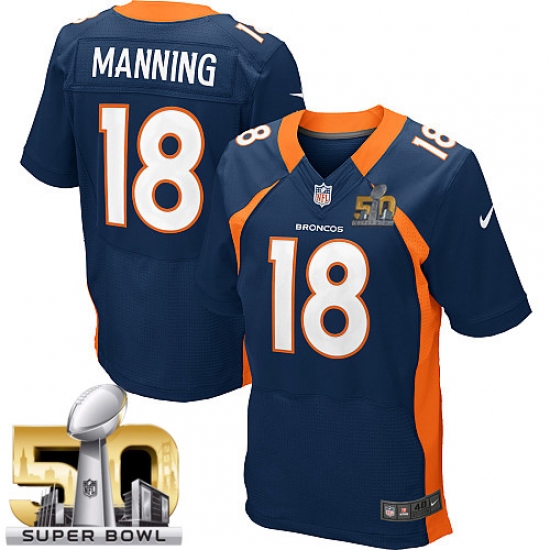 Men's Nike Denver Broncos 18 Peyton Manning Elite Navy Blue Alternate Super Bowl 50 Bound NFL Jersey