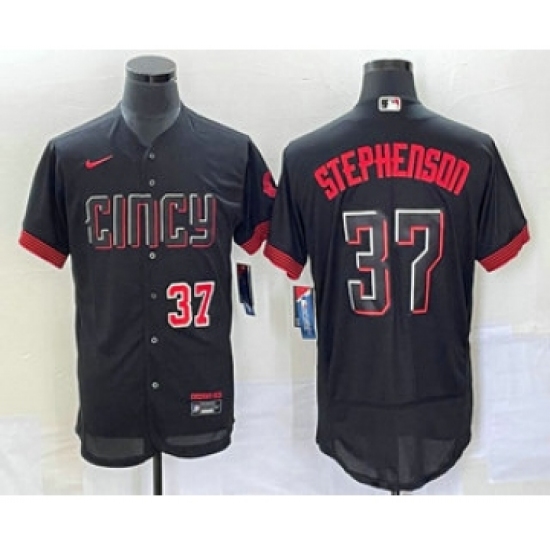 Men's Cincinnati Reds 37 Tyler Stephenson Number Black 2023 City Connect Flex Base Stitched Jersey 2